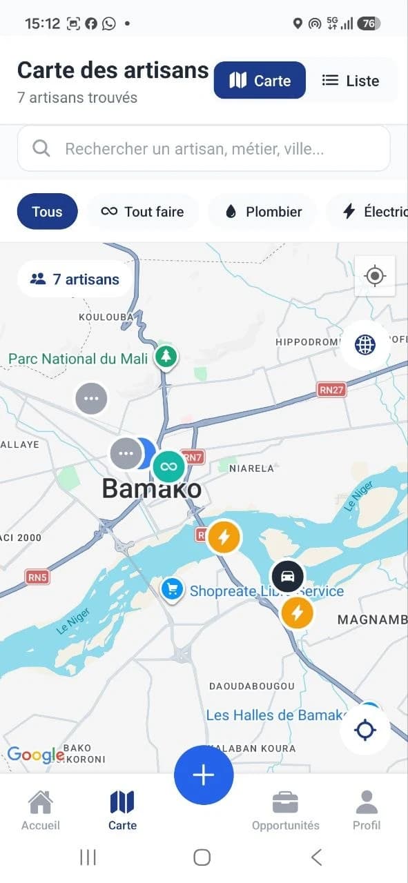 Carte Bara+ affichant les artisans disponibles à Bamako
