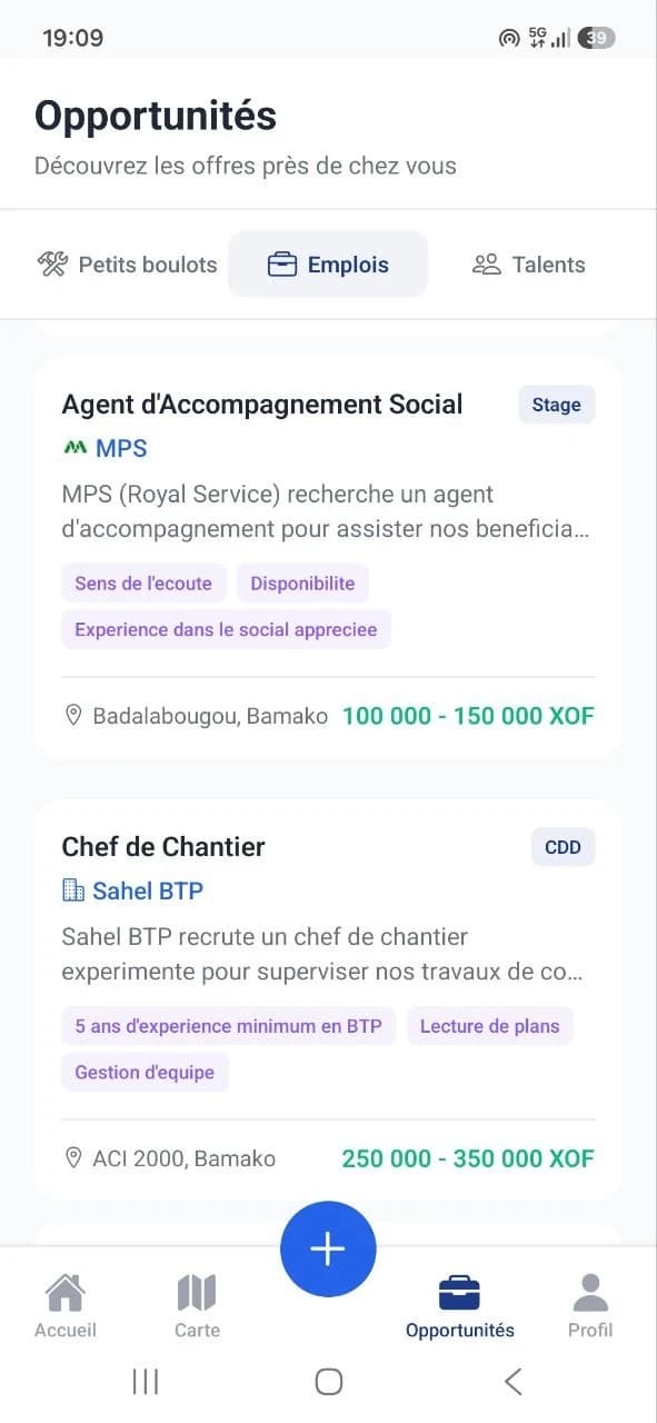 Offres d'emploi disponibles dans l'application Bara+